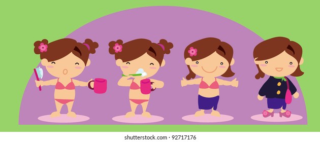 Cartoon: washing, dressing, ready to go to work woman