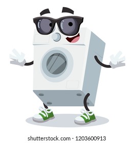 cartoon washing machine character mascot in black sunglasses on a white background