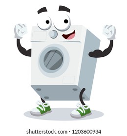 cartoon washing machine mascot shows its strength on a white background