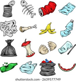 Cartoon waste collection with various types of trash illustrations