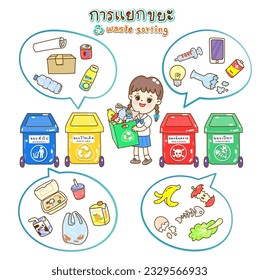 Caricatura de clasificación de residuos de dibujos animados en idioma tailandés que significa "clasificación de residuos"