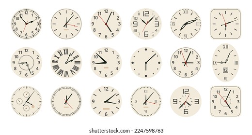 Caras para ver caricaturas. Relojes vintage analógicos, rostros de relojes electrónicos y mecánicos con números y manos de reloj con ilustraciones vectoriales planas. Accesorios para relojes clásicos