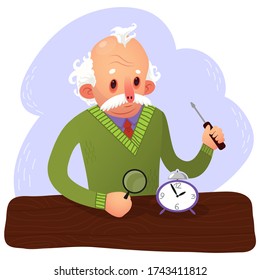 Cartoon watchmaker vector illustration. Old craft person looking on broken watches and clocks doing his job