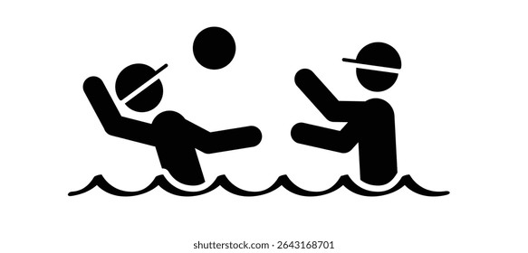 Cartoon water ball game. Two mans playing in water with ball or volleyball. water polo icon. Summer sports concept. Swim in the swimming pool. Waterpark idea.
Play, jumping in the water