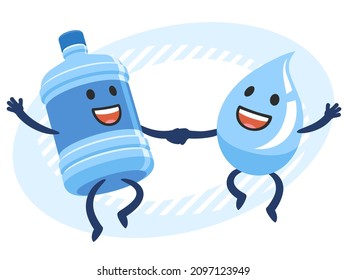 Cartoon Water Bottle Character and Cartoon Water Drop Character dancing. Joyful meeting. Sweet couple jumps holding hands. Bottled water delivery. Vector Illustration.