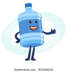 Cartoon Water Bottle Character explicando y señalando a algún lugar con su mano. Entrega de agua embotellada. Ilustración vectorial.