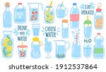 Cartoon water bottles. Detox drinks with lemon and cucumber. Sports and glass bottle and glasses with liquids. Drink more water vector set. Stay hydrated. Jar and cup with straw with liquid