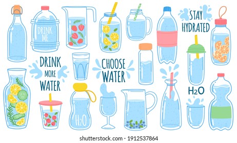 Cartoon water bottles. Detox drinks with lemon and cucumber. Sports and glass bottle and glasses with liquids. Drink more water vector set. Stay hydrated. Jar and cup with straw with liquid
