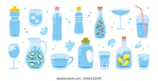 Cartoon water bottles. Flat drink dishes. Glass bottle, jug, sport flask, eco glasses, mug, jar, cup for drinking water. Zero waste, eco product. Drink water. Vector set. Plastic container