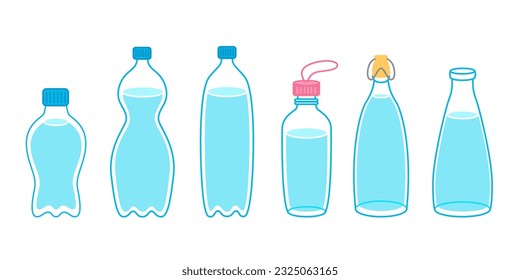 Cartoon water bottles plastic and glass. Sports and glass bottle and glasses with liquids. Vector set. Stay hydrated. 