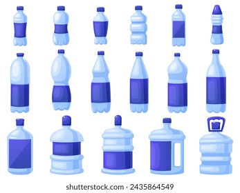 Cartoon water bottles set. Different plastic and glass liquid containers. Isolated professional packing icons set, decorative blue nowaday vector elements