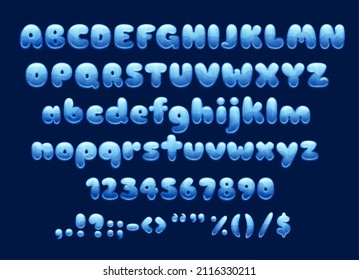 Cartoon water bubbles and drops font. Vector blue bubble letters, numbers and signs. Water bubble and drops type ABC alphabet of cartoon foam splash or aquatic liquid, balloons with wave gradient