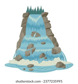 Cartoon water cascade. Streaming waterfall, wild nature river waterfall landscape flat vector illustration. Mountain river waterfall