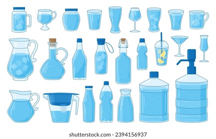 Embalse de agua de dibujos animados. Botellas de agua plástica y de vidrio, tazas, tazas, gafas, jarras, jarras y decantador con agua mineral helada, conjunto de ilustración vectorial plana. Recogida transparente de contenedores de agua