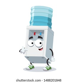 cartoon water cooler with bottle mascot showing himself on a white background