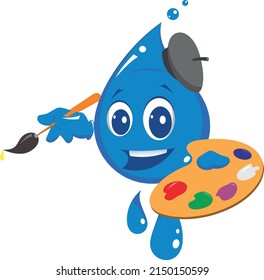 Cartoon water drop artist smiles in one hand holding a palette with paints and in the other a paint brush