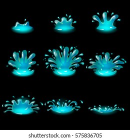 Cartoon water drop burst animation concept with spatters for game design on dark background isolated vector illustration