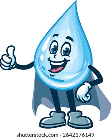 Cartoon water drop character in caped superhero style