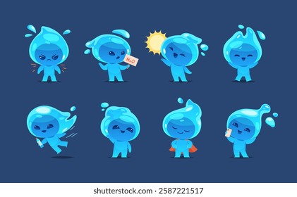 Cartoon water drop character. Funny face, kids mascot, clear liquid man, cute fluid bubble creature, different actions and poses, happy pure drink, comic beverage talisman, tidy vector set