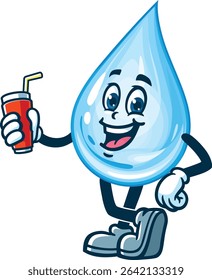 Cartoon water drop character holding a soft drink
