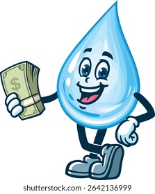 Cartoon water drop character holding cash