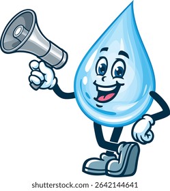 Cartoon water drop character holding a megaphone