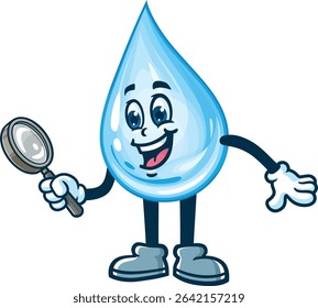 Cartoon water drop character holding a magnifying glass
