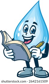 Cartoon water drop character holding a book