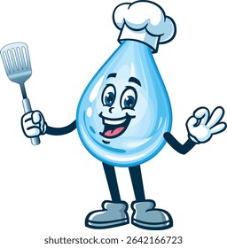 Cartoon water drop character holding a spatula and wearing a chef's hat