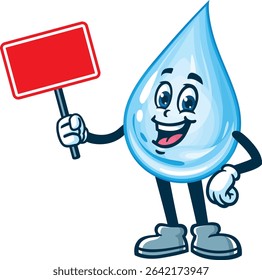 Cartoon water drop character holding a blank sign