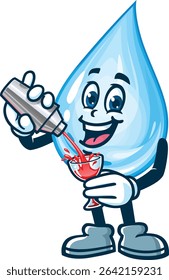 Cartoon water drop character making cocktail