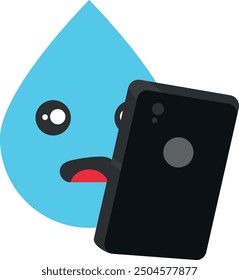 Personaje de gota de agua de dibujos animados que se asoma detrás de un teléfono inteligente, mostrando sorpresa y curiosidad. Noticias sobre el clima. Noticias ambientales sobre conservación y sostenibilidad del agua.