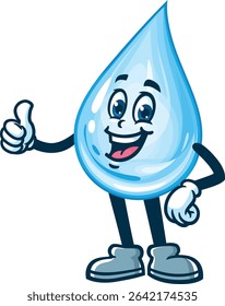 Cartoon water drop character with thumbs up pose