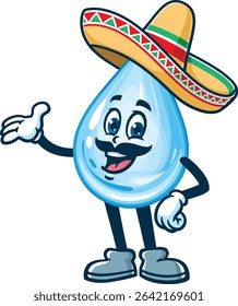 Cartoon water drop character wearing a sombrero