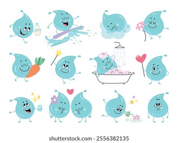 Cartoon water drop characters. Funny positive drops in different poses. Cute liquid character in love, drinking, sleeping, walking, eating, nowaday vector mascots