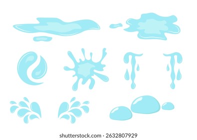 Desenho animado gota de água no conjunto gráfico com dor e emoção mostrando ícone de lágrima azul com tristeza fluida e fluxo de choro no projeto da natureza de elemento transparente e ilustração vetorial de orvalho molhado

