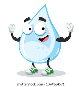 cartoon water drop mascot shows its strength on a white background