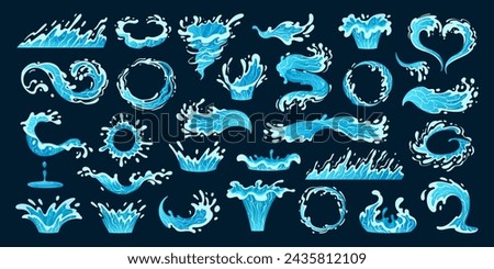 Cartoon water drop splash set. Blue liquid drops and water flows, transparent water splashes, clean drops frames flat vector illustration set. Water waves collection
