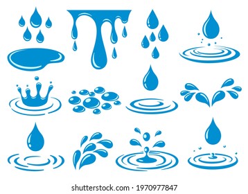 Cartoon water drop splash. Waters splashing drops and puddles vector illustration, liquid rain blobs, abstract falling drips