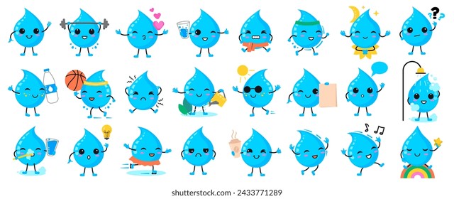 Cartoon water drop teacher character with big whiteboard in flat cartoon style set icon