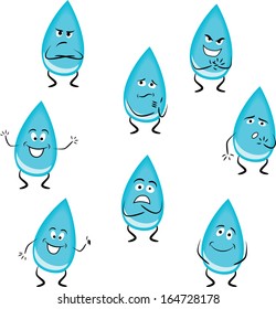 Cartoon water drops with different emotions isolated on white background