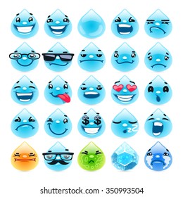 Cartoon Water Drops Emoticons. Isolated on white background.