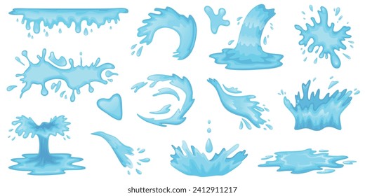 El agua de dibujos animados cae. Partículas voladoras y fluidas de líquido azul. El mar se respira. Coronas y fuentes fluidas. Limpiar las formas frescas del agua. Puddle y salpicaduras. Curva