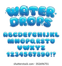 Cartoon Water Drops Font, Funny Blue Alphabet, Vector Comic Letters And Numbers