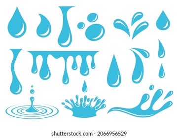 Cartoon water drops. Isolated drop, crying tears elements. Flat sweated drip, blue liquid splash. Falling rain, splashing exact vector clipart