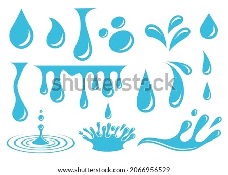 Cartoon water drops. Isolated drop, crying tears elements. Flat sweated drip, blue liquid splash. Falling rain, splashing exact vector clipart