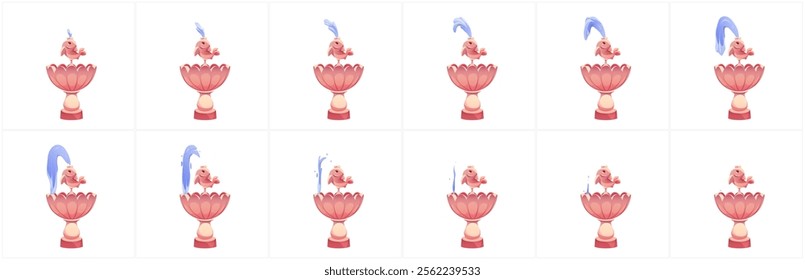 Cartoon water fountain animation frames - pink lotus shaped basin with cute fish character spraying blue stream in cyclic motion sequence. Decorative sprite sheet for game development graphic.