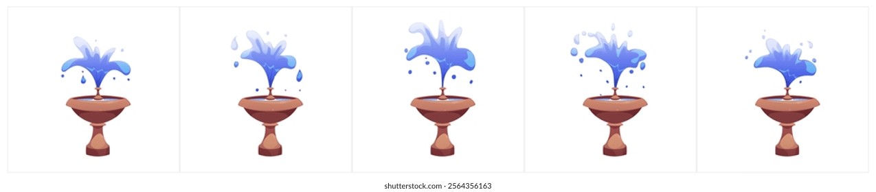 Cartoon water fountain animation sequence - brown pedestal base with blue splash frames showing water burst and droplets movement. Sprite sheet design of aqua bubble eruption for game interface.