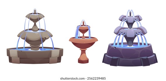 Cartoon water fountain collection - decorative stone structures with flowing streams, glowing blue arches, tiered basins and ornamental designs. Garden architecture elements for park landscape.