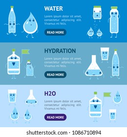 Cartoon Water Funny Emotions Bottle Banner Horizontal Set Health Care Concept Flat Design Style. Vector illustration of Bottles
